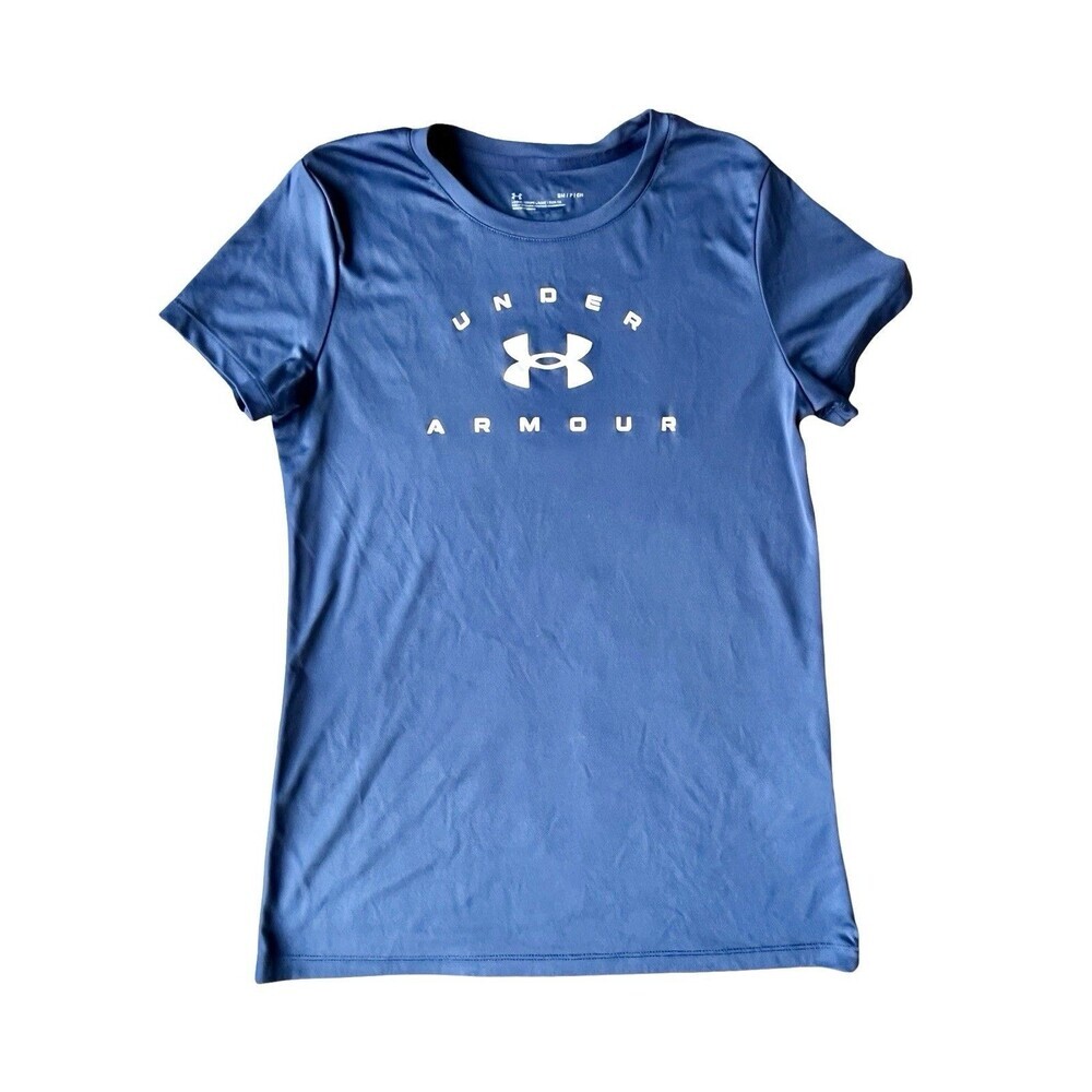 Under Armour Women’s Blue HeatGear Logo Athletic T-Shirt Size Small Workout Tee